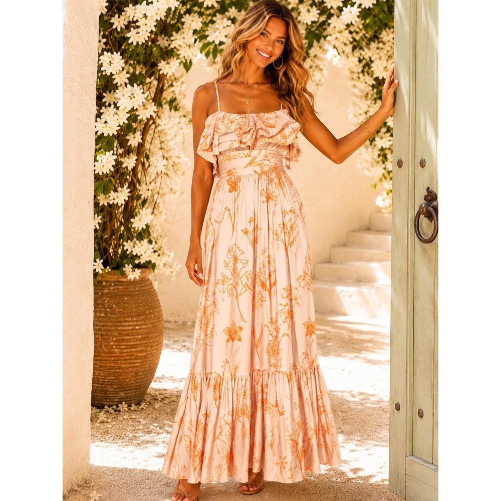 Johanna Ortiz Tropical Wave Ruffle Maxi Dress Tangerine Floral Size 2